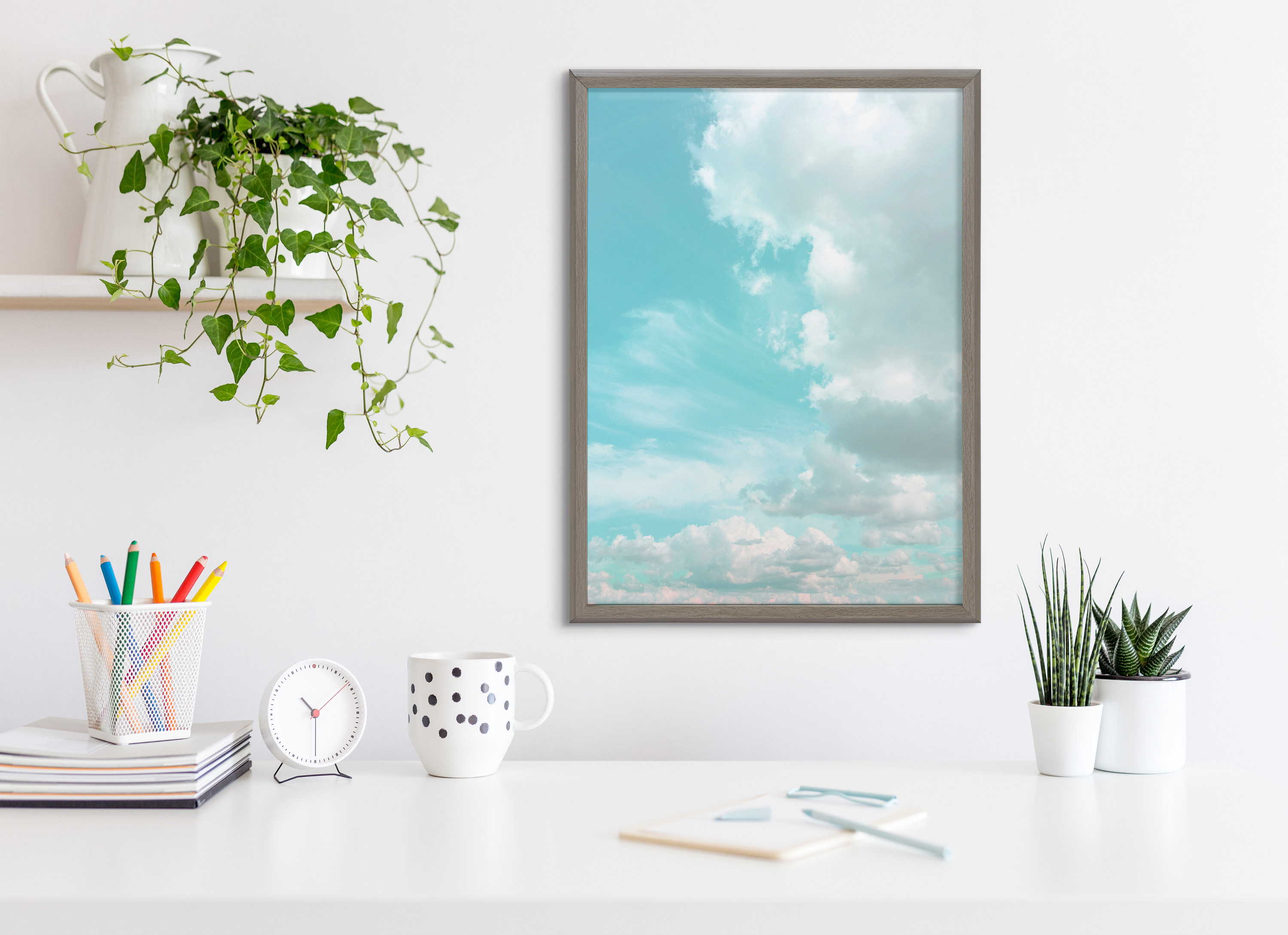 Kate and Laurel Blake Head in the Clouds Framed Printed Dry-Erase Glass Wall Art by Dominique Vari, 18x24 Gray, Sky-Themed Art for Wall