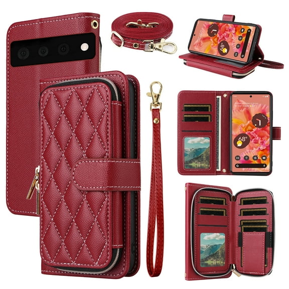 Dswteny Argyle Wallet Case for Google Pixel 6 with Wrist Strap Shoulder Strap, Zipper Purse PU Leather Flip Credit Card Holder Stand Accessories Cell Phone Cover for Pixel6 Pixle Six Women Girls Red