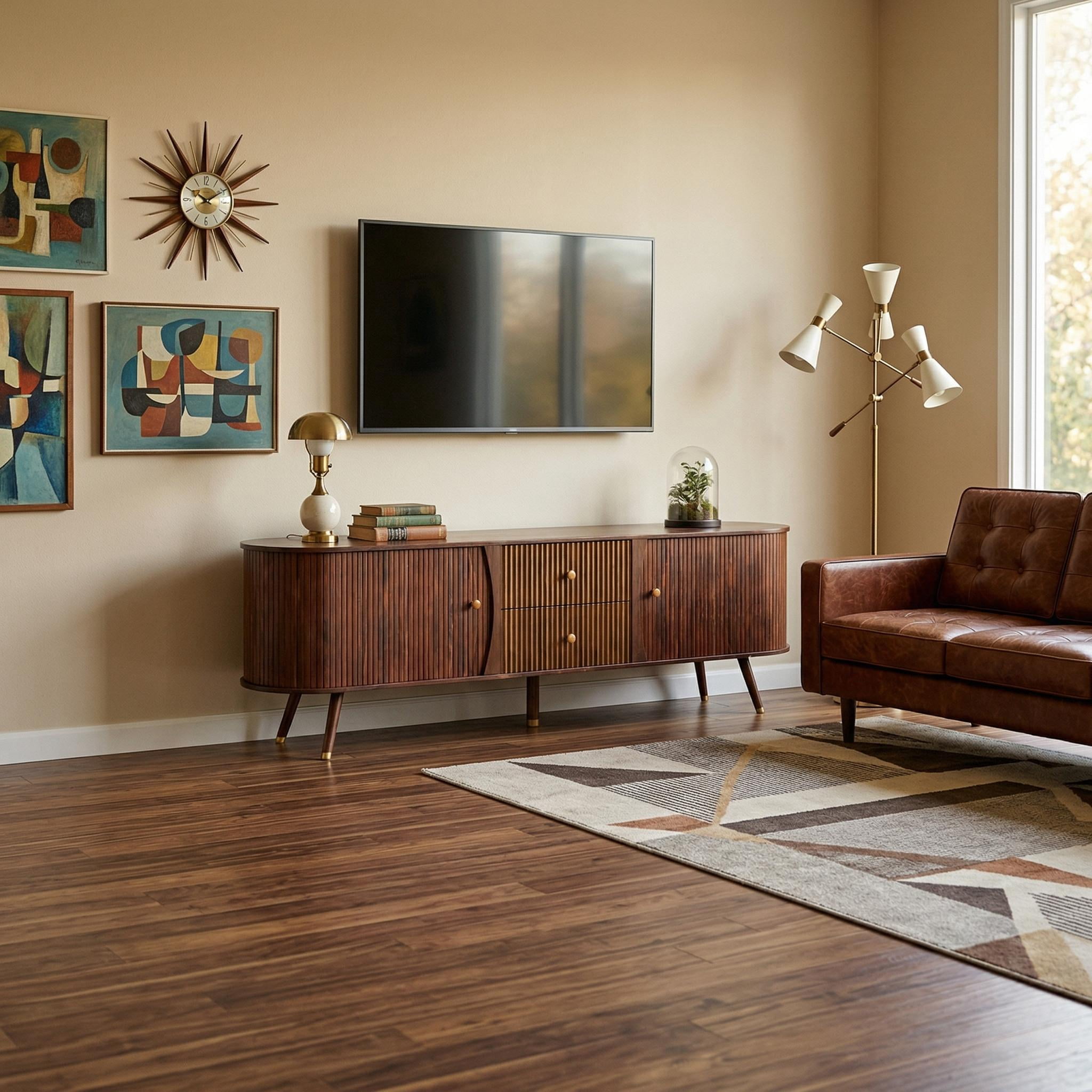 Homy Casa Mid Century Modern TV Stand for TVs up to 80", Fluted Entertainment Center with Tambour Doors and Drawers