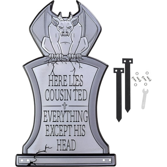 SCS Direct 3D Metal Halloween Ghost Tombstone- Cousin Ted- (Large 17" w Steaks) - Durable, Weather Rust Proof, UV Printed- Upgrade Lawn Decor- No Flimsy Foam Graveyard Headstones