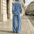 thumbnail image 4 of Szluipve 2 Piece Sets for Women Velvet 2 Piece Suit Outfit Notched Lapel Button Blazer Jacket & High Waist Wide Leg Pleated Pants Elegant Casual Matching Set with Pockets Sky Blue M, 4 of 8