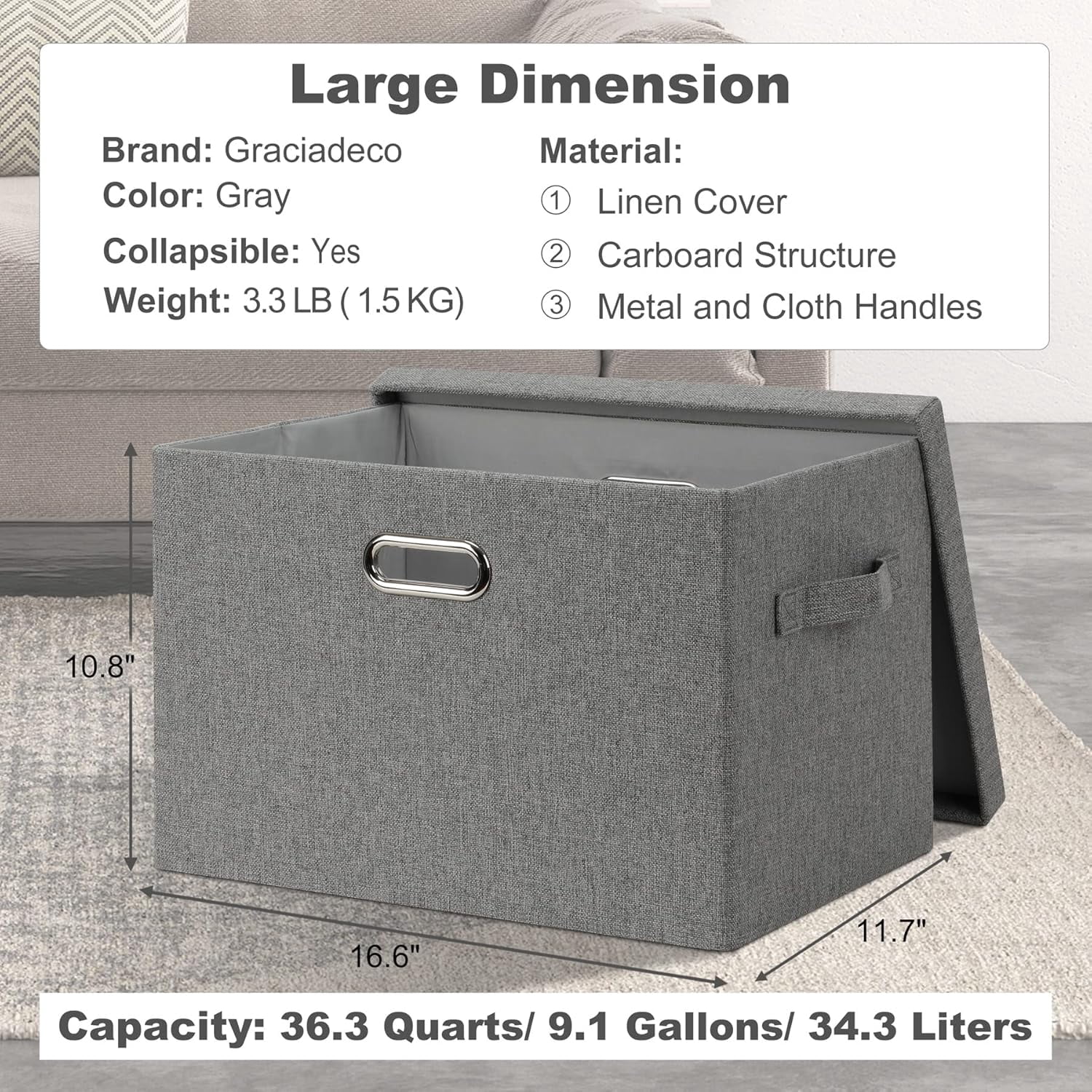 Large 17" 36 Quart Collapsible Stackable Storage Bins with Lids, 5 Packs Linen Fabric Closet Boxes with Lids, Storage Cube Baskets Container Organizers for Bedroom Office(17 x12 x11)