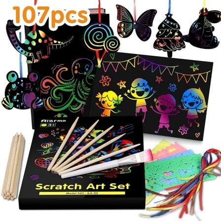 Kibhous Scratch Paper Art for Kids, Rainbow Magic Scratch Art Craft Kit, 107 Piece