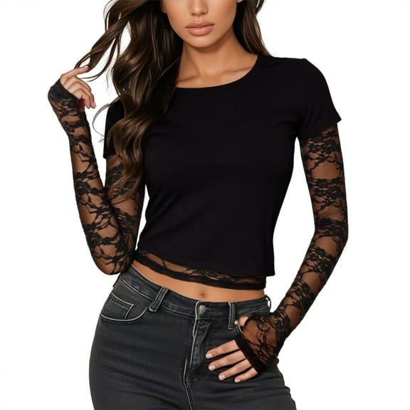 MIXUE Boho Tops For Women Summer Solid Color Round Neck Long Sleeve Floral Lace Casual Pullover Shirts For Women Tshirts Outwear,Black,S