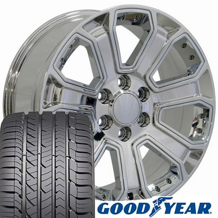 22x9 Wheels & Tires fit GM Trucks and SUVs - Chevrolet Silverado Style Chrome Rims and Goodyear Tires, Hollander 5661 -