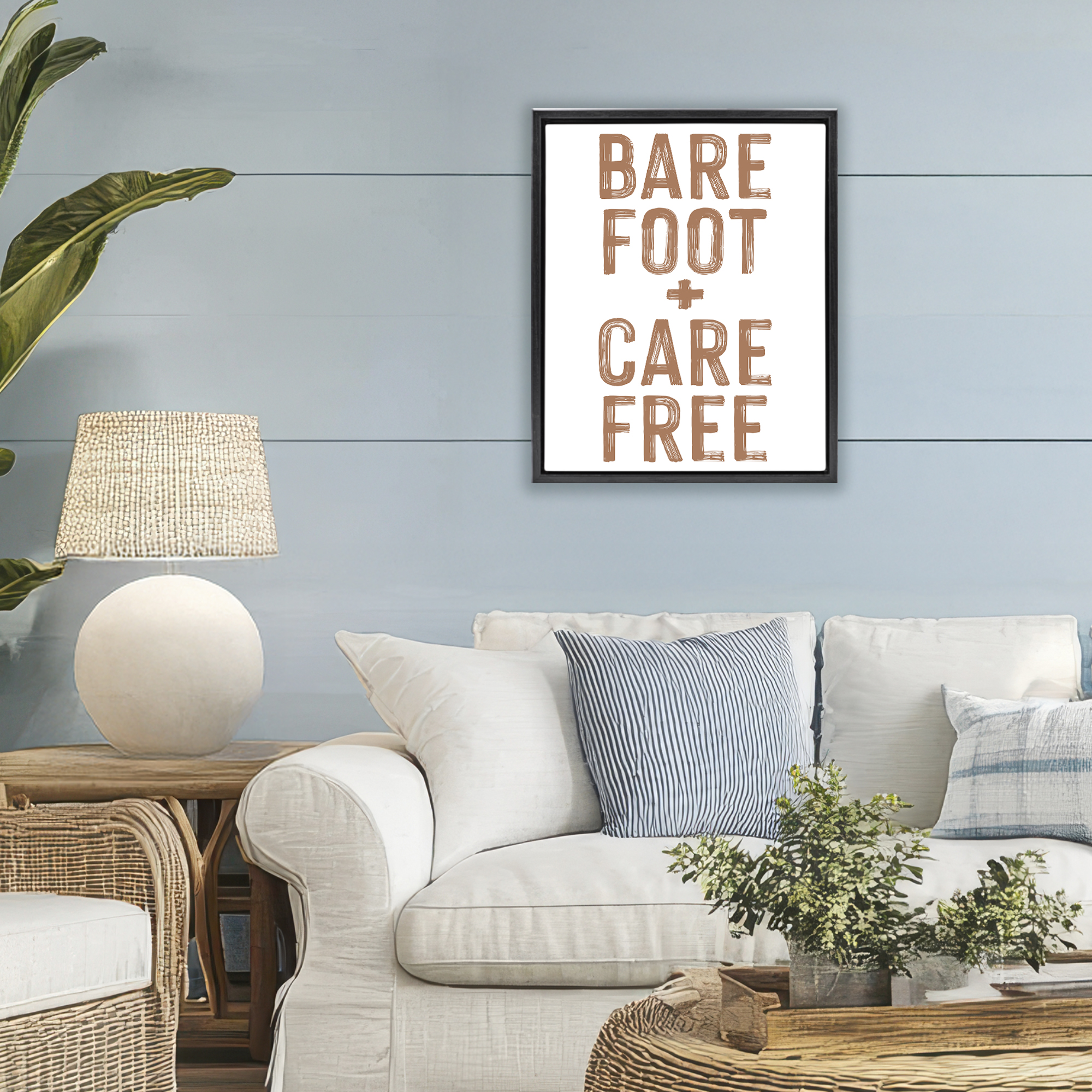 Barefoot Carefree Summer Sentiment Black Framed Floater Canvas Wall Art, design by Lettered and Lined