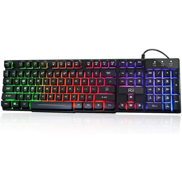 Rii RK100+ Multiple Color Rainbow LED Backlit Large Size USB Wired Mechanical Feeling Multimedia PC Gaming Keyboard,Office Keyboard for Working or Primer Gaming,Office Device (US Layout)