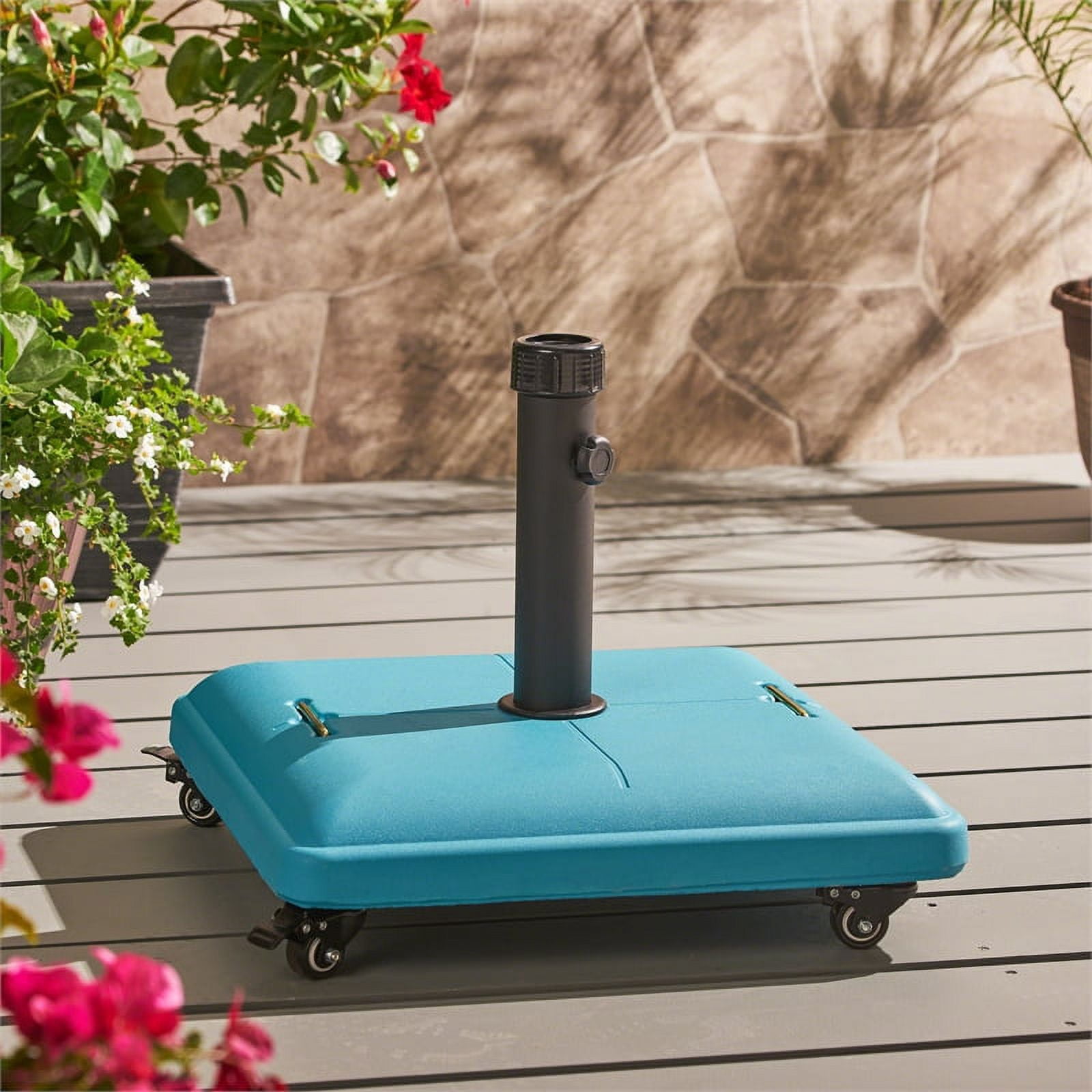 Larry Outdoor Concrete Square 80lb Umbrella Base with Steel Umbrella Holder, Teal