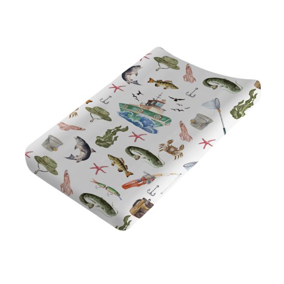 Ocean Fishing Changing Pad Cover Sea Fishes Boat Crabs Starfish Baby Diaper Changing Table Pad Sheets for Boy Girl Unisex Nautical Baby Changing Table Mat 16''x32''