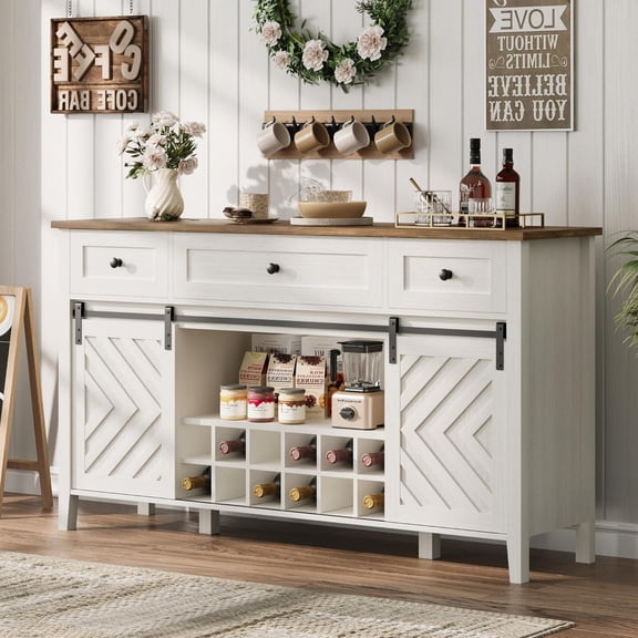 59.06'' Farmhouse Buffet Cabinet with Sliding Barn Door, 33.4'' Tall Wood Rustic Sideboard with 3 Drawer, Adjustable Shelf and Removable Wine Rack for Dining Room, Kitchen, Living Room