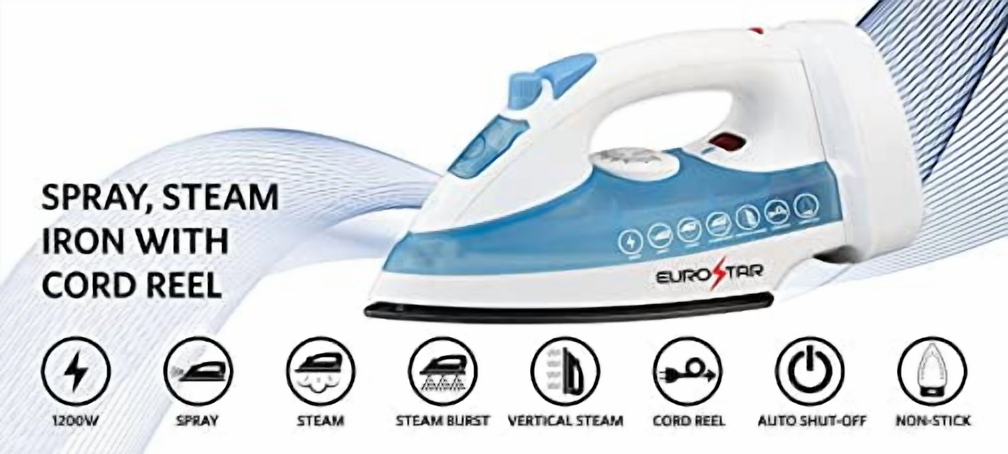 EUROSTAR IRC555XBL Spray, Steam Iron with Cord Reel With Auto Shut-Off, White