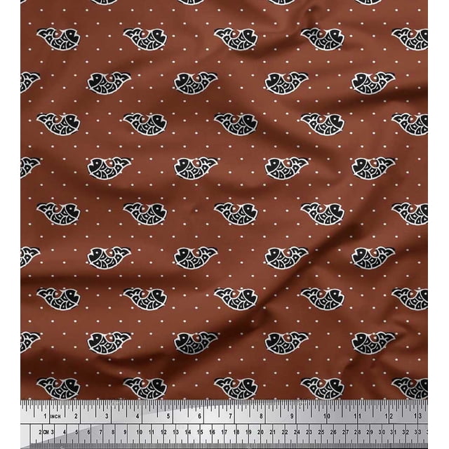 Soimoi Satin Silk Fabric Fish Block Printed Craft Fabric by The Yard 42 Inch Wide