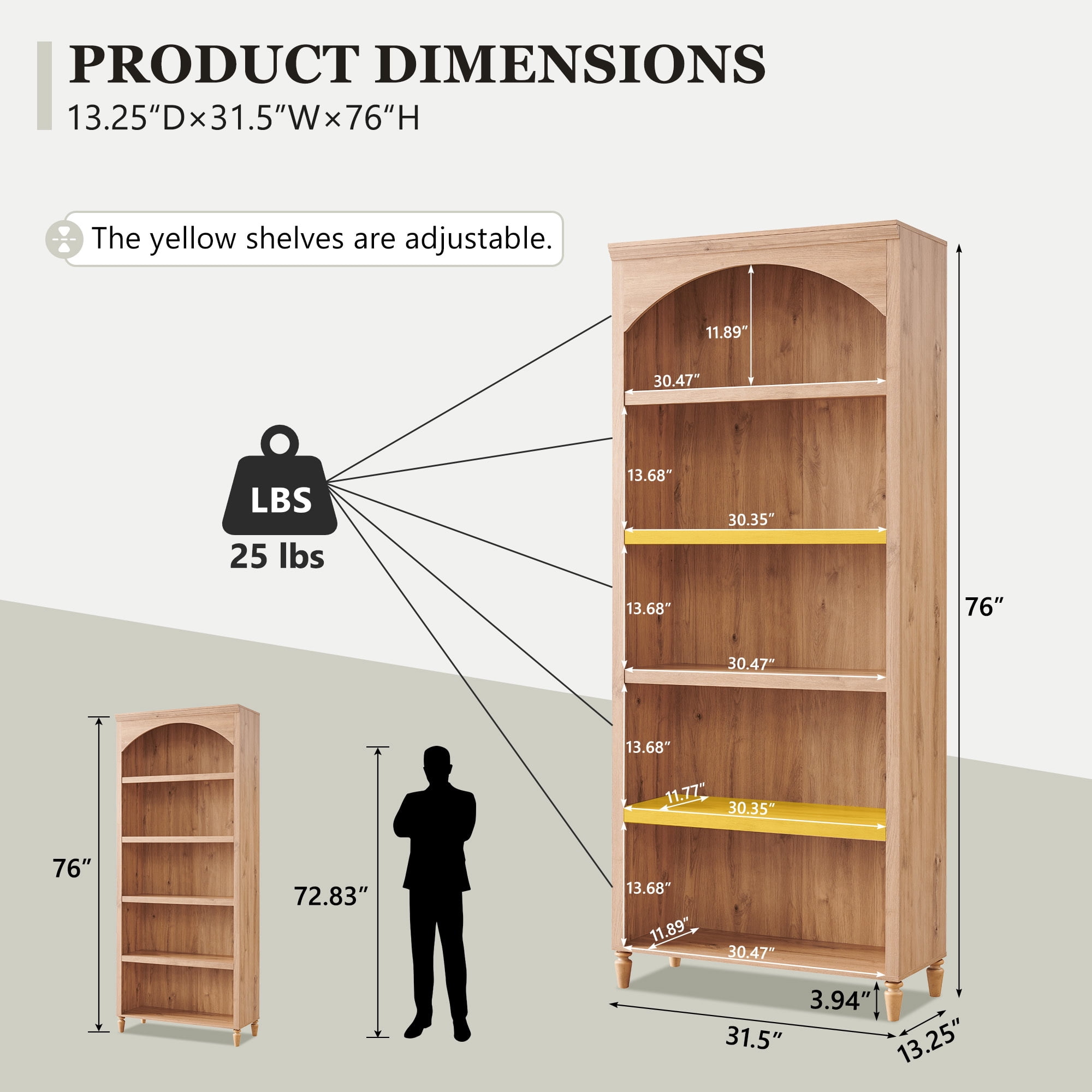 SinCiDo Tall Arched Bookcase, 5-Tier Large Bookshelf with Open Display Shelves for Living Room, Natural