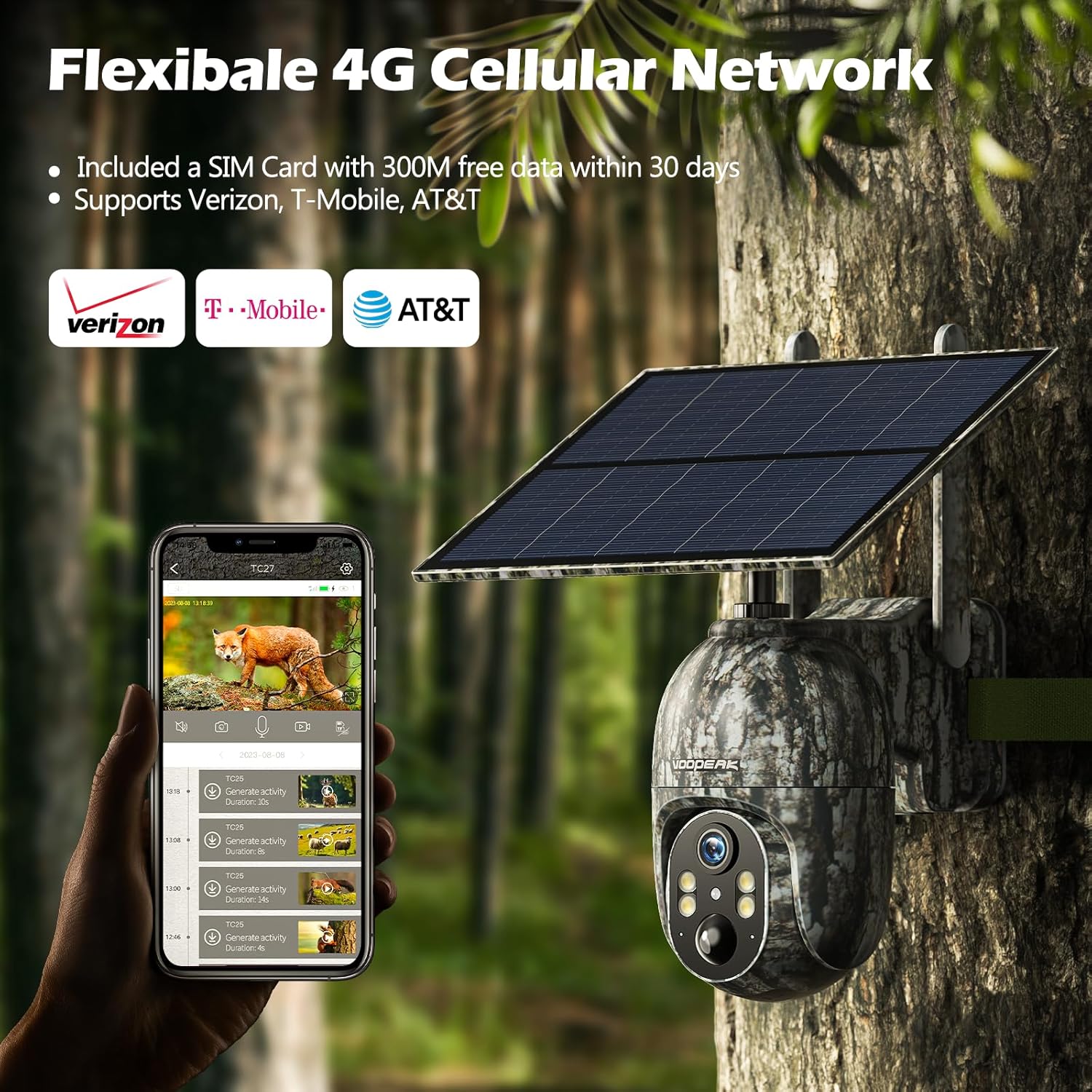 CAMPARK Trail Camera with 4G Cellular Solar, 1080P Hunting Game Camera with Live View and Motion Alerts, 940nm No Glow Night Vision IP66 Waterproof for Wildlife Monitoring