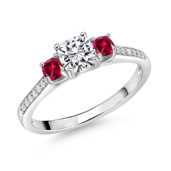 Gem Stone King 1.44 Cttw Lab Grown Diamond Red Created Ruby and White Moissanite Engagement Ring for Women | 925 Sterling Silver | Cushion 5MM | Gemstone Birthstone (Size 6)