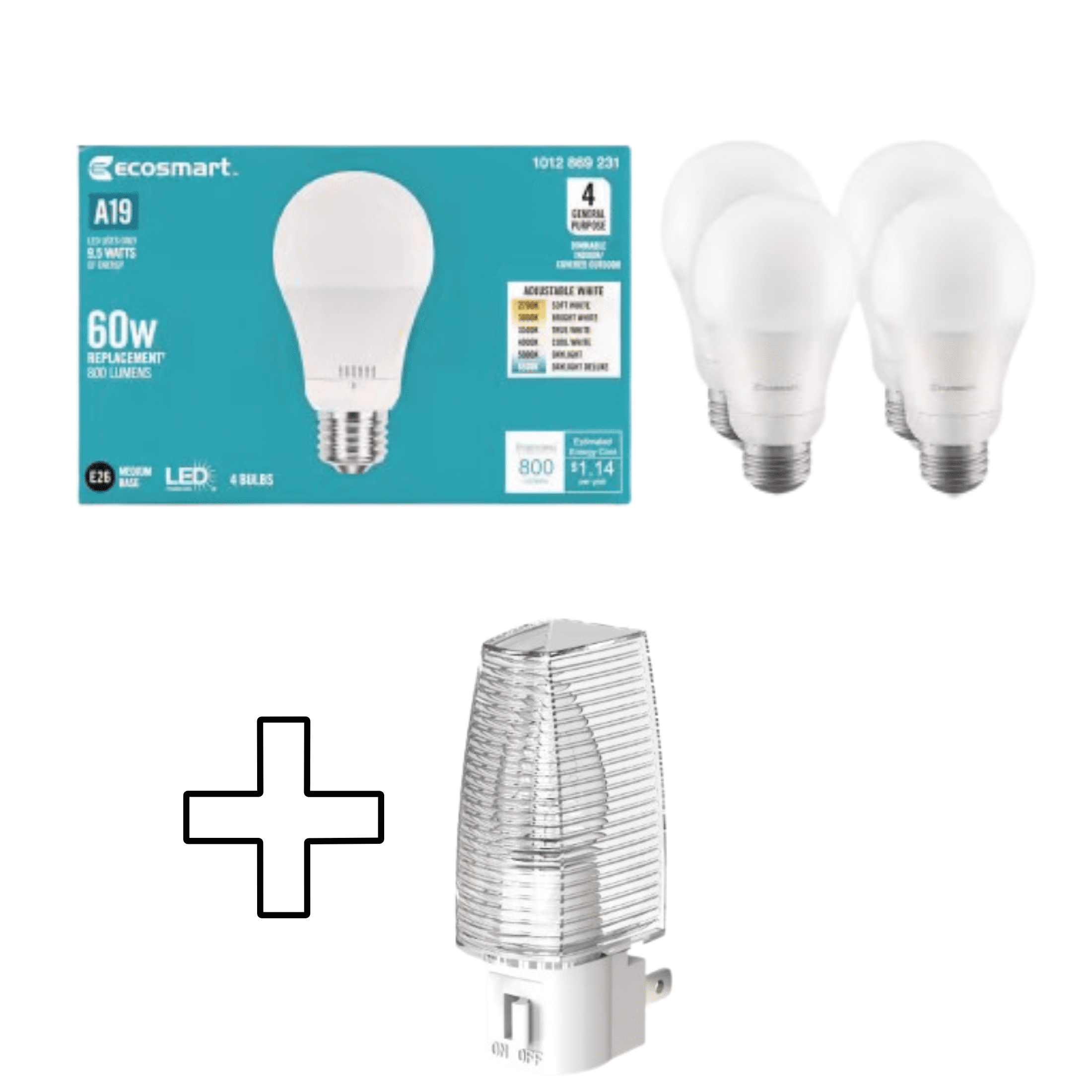EcoSmart 60-Watt Equivalent A19 Dimmable LED Light Bulb,Selectable Color Temperature (4-Pack),Medium (E26) ,Shatter Resistant,  With Free Night Light