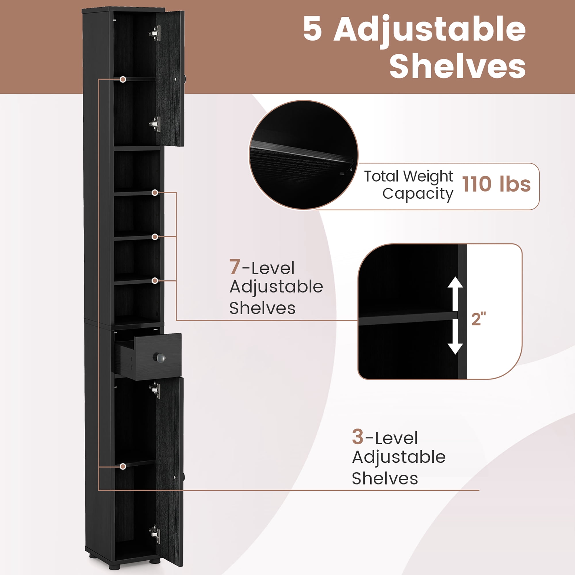 Gymax Tall Slim Bathroom Storage Cabinet Linen Tower w/Drawer Adjustable Shelves Black