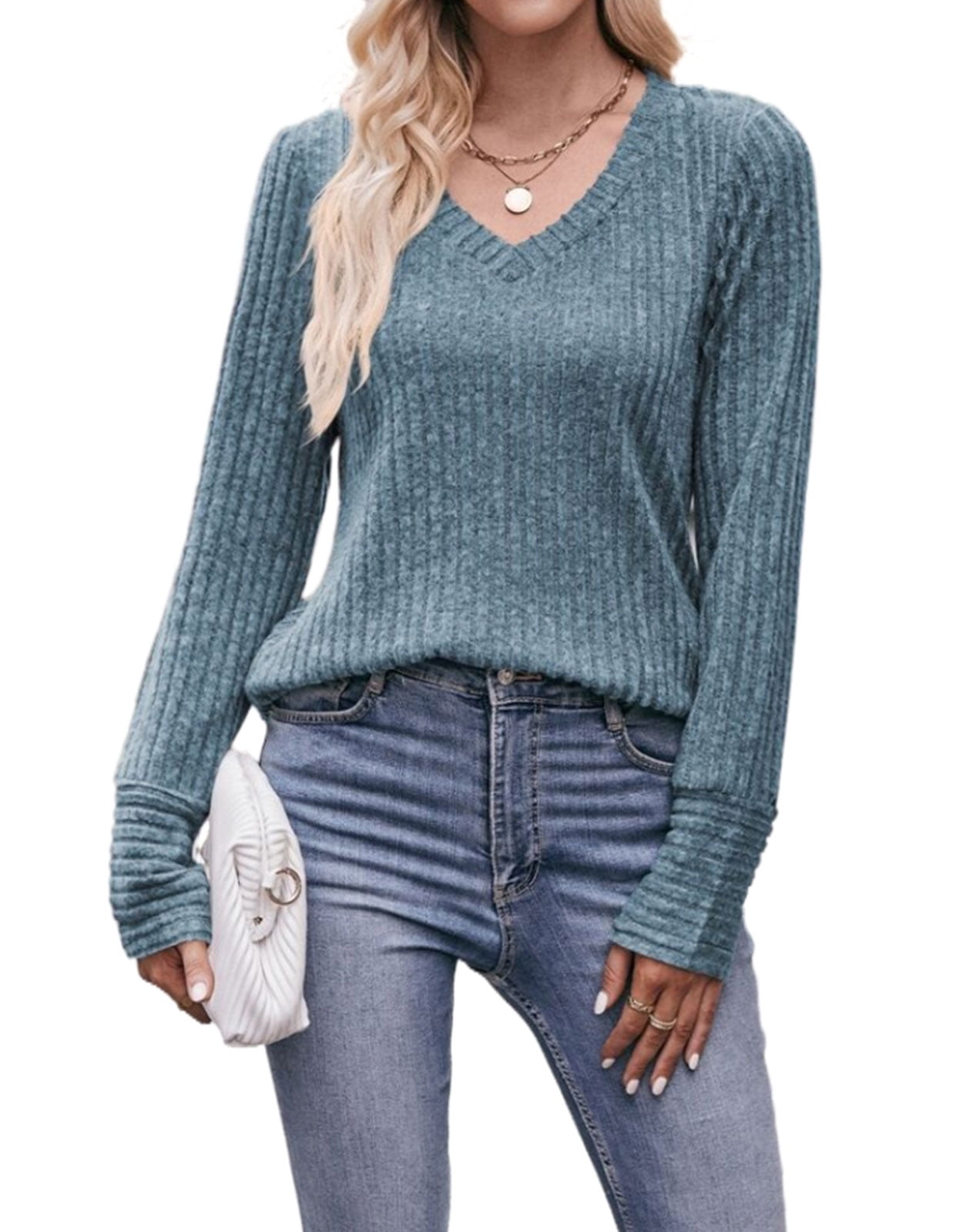 Lightweight Sweaters For Women Solid V Neck Long Sleeve Fall Tops ...