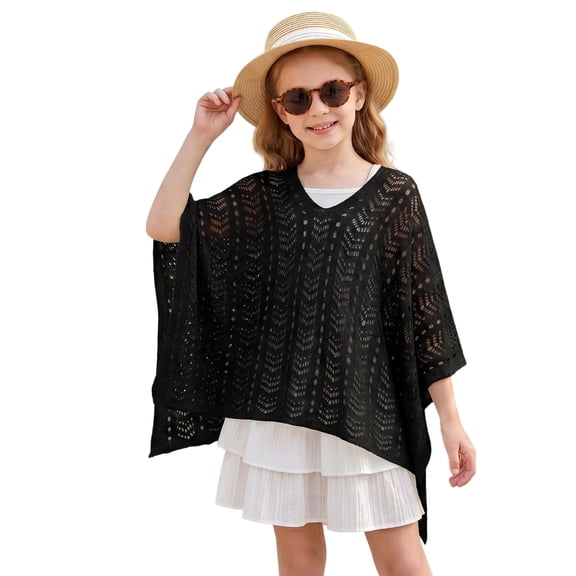 Weebloom Girl Swim Crochet Cover Up Knit Mesh Beach Poncho Sun Cardigan Hooded Lightweight Swimwear Bathing Suit Swimsuit For Girls Black 9-10 Years