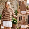 thumbnail image 3 of PUWEI Women's Casual Fuzzy Wool Blend Striped Henley Sweater Long Sleeve Half-Button Oversized Knit Pullover Soft Brushed Loungewear, 3 of 7