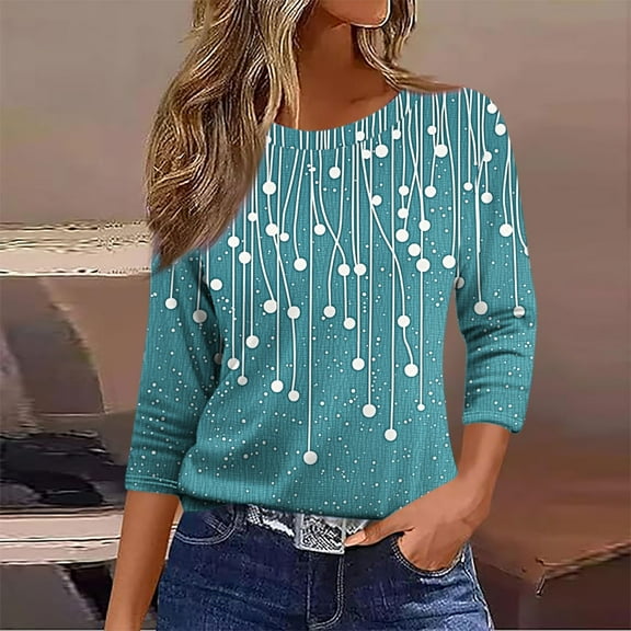 HOMBOM Blouses for Women 3/4 Sleeve Blue Crew Neck Pullover Loose Polka Dot Dressy Tee