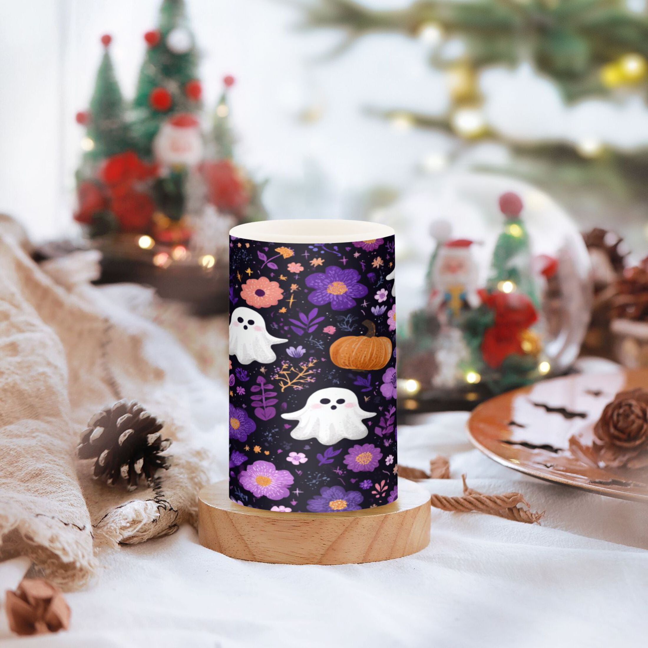 2 PCS Flameless Candles with Remote Timer LED Battery Operated Flickering Candle Light for Wedding Table Home Decoration Gifts Purple Flowers and Pumpkins
