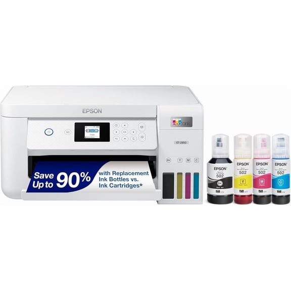Epson EcoTank ET-2850 Wireless Color All-in-One Supertank Inkjet Printer, White - Print Scan Copy - 10 ppm, 4800 x 1200 dpi, 2-Sided Printing, Voice-Activated (Sold without manufacturer warranty)
