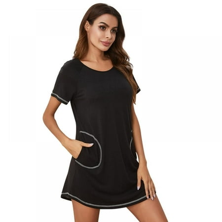 

WBQ Women s Nightgown Round Neck Short Sleeve Sleep Shirt Loose Comfy Pajama Sleepwear Black Tag M/US 8