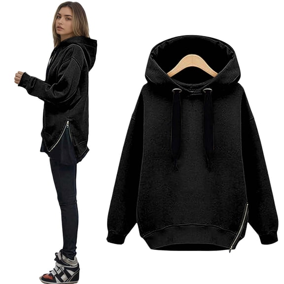 XIAOCHA Womens Hoodies Side Zippers Long Sleeve Solid Color Hooded Sweatshirt Loose Fit Trendy Drawstring Sport Hoodeie Top Streetwear Black
