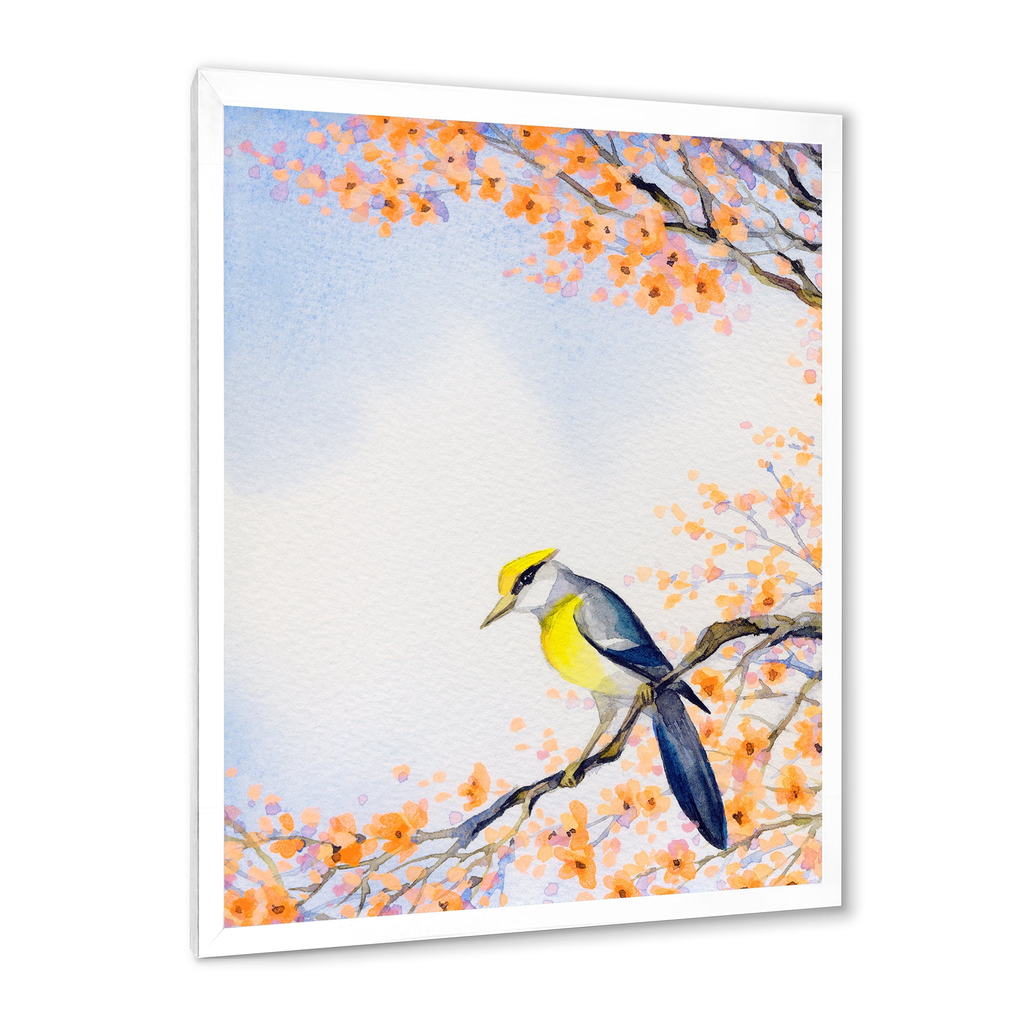 Beautiful Blue Bird Sitting On Flowering Branch II 24 in x 32 in Framed Painting Canvas Art Print, by Designart