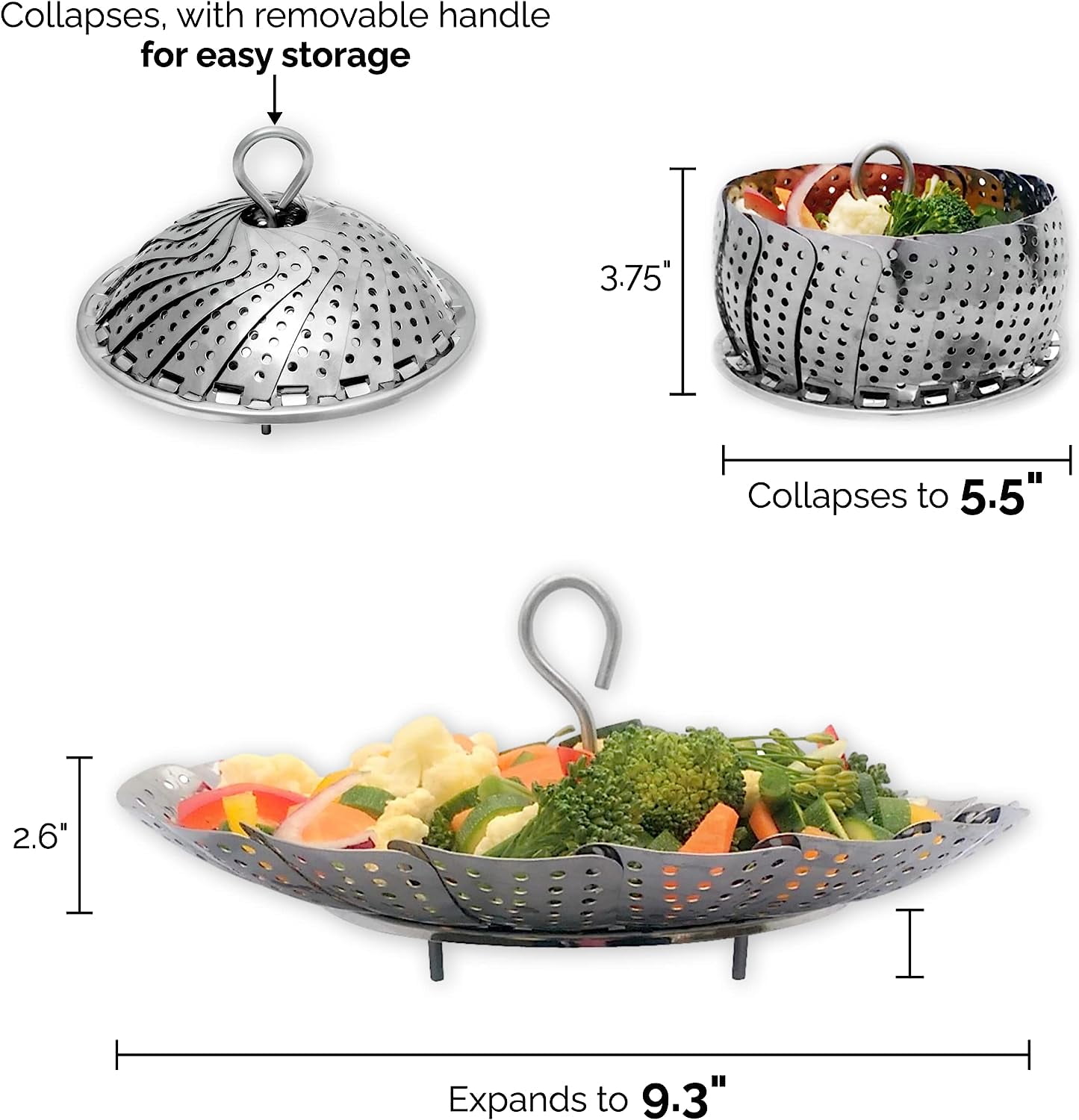 Flexzion Stainless Steel Vegetable Steamer Basket with Extendable Handle -  Expandable Collapsible Foldable Cooking Insert Fit Instant Pot 3 6 8 Qt