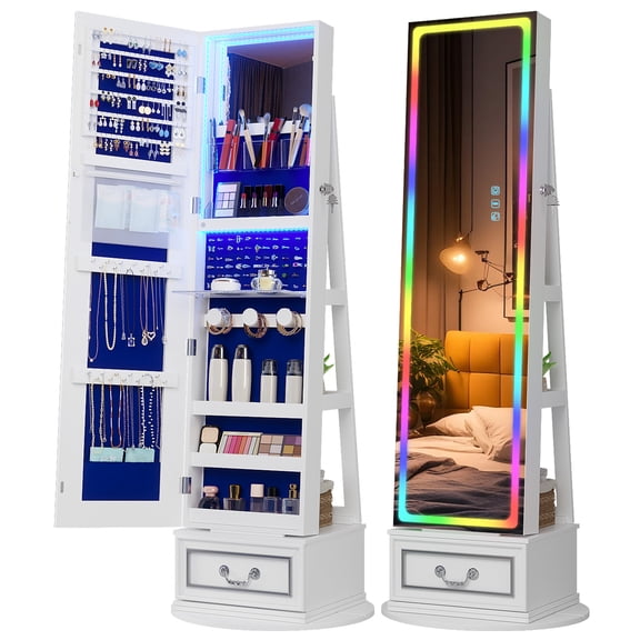 VKCC LED Mirror Jewelry Cabinet with Lights,360°Swivel Jewelry Armoire,Lockable Mirror with Storage,Standing Jewelry Armoire Organizer,White