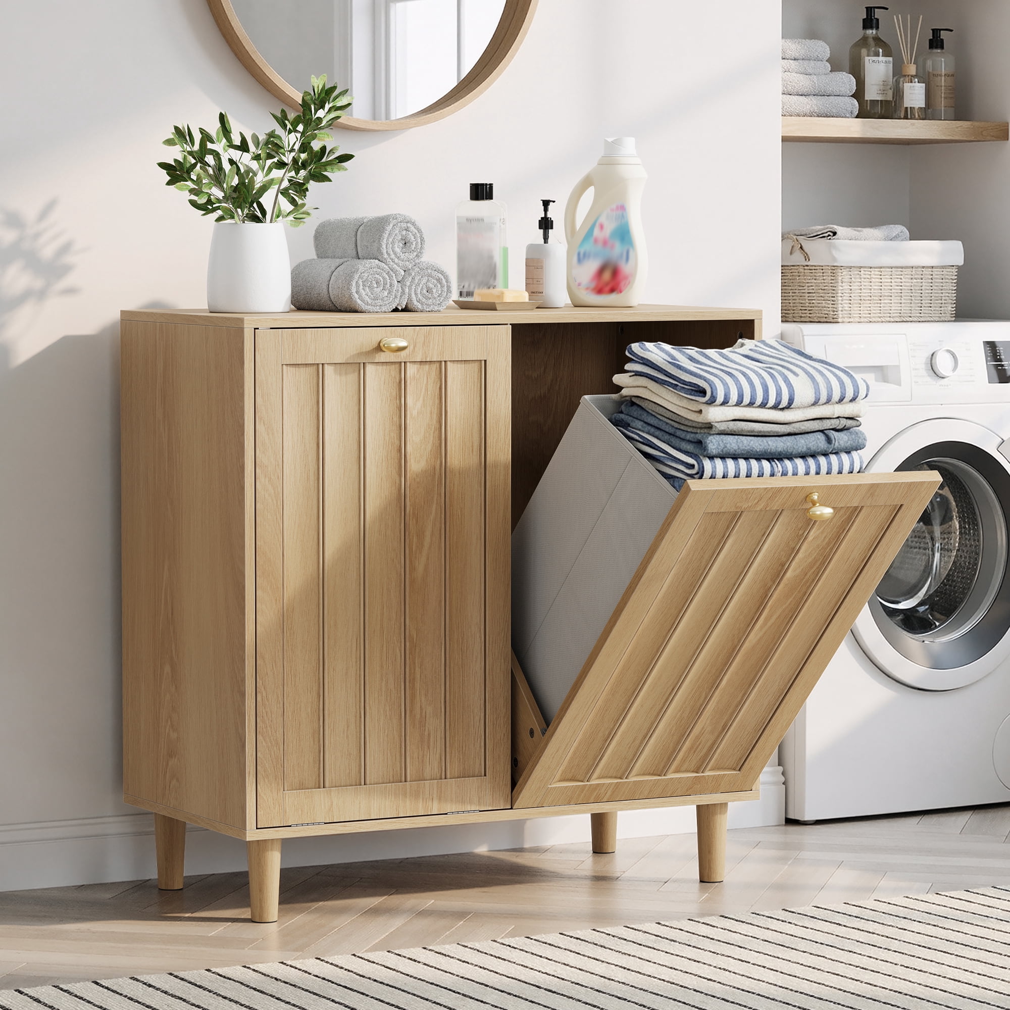 Mintazer Laundry Hamper Cabinet with 2 Door, Fluted Bathroom Storage Cabinet with Removable Fabric Laundry Bins for Bathroom Laundry Room Balcony, Natural
