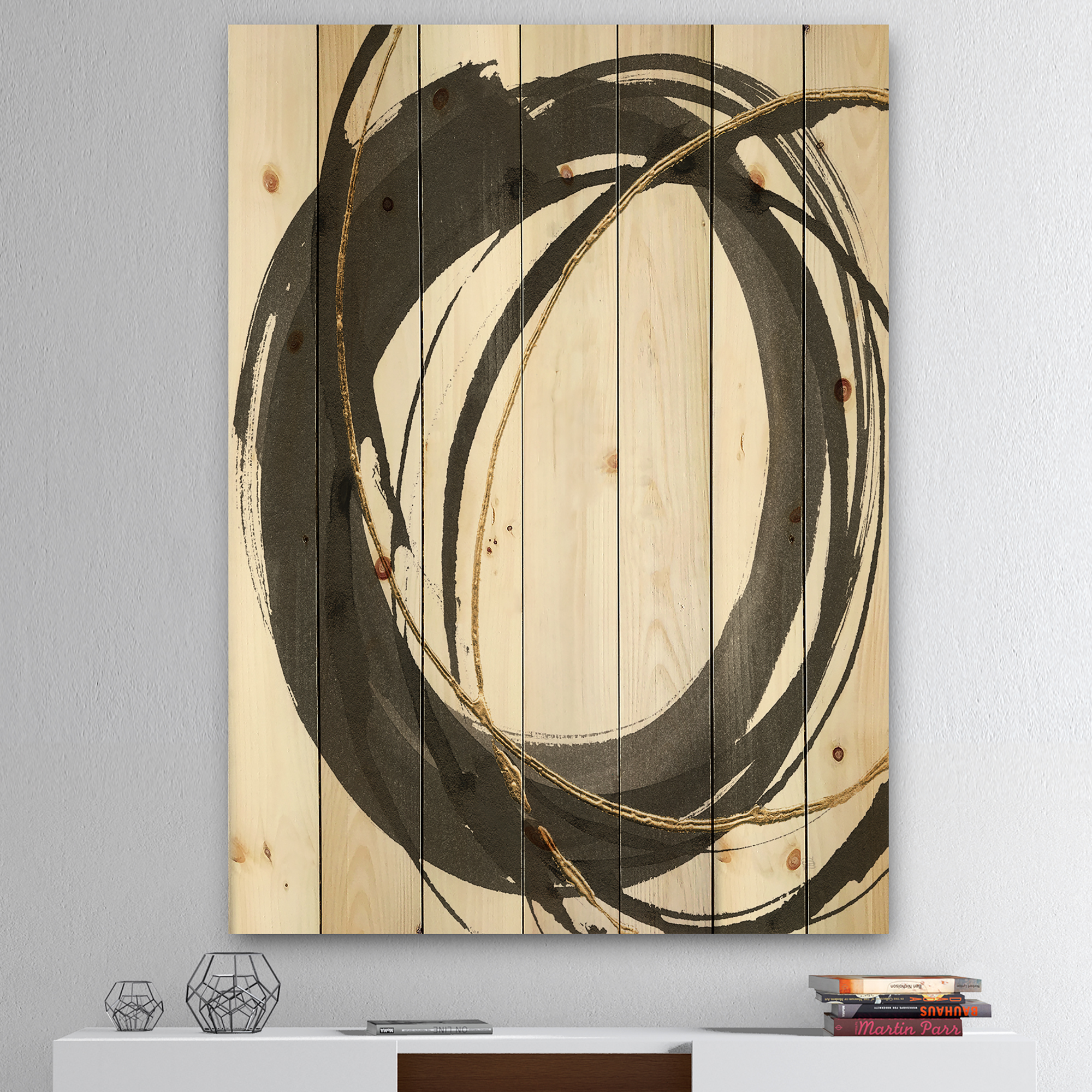 Designart 'Gold Glamour Circle IV' Posh & Luxe Print on Natural Pine Wood
