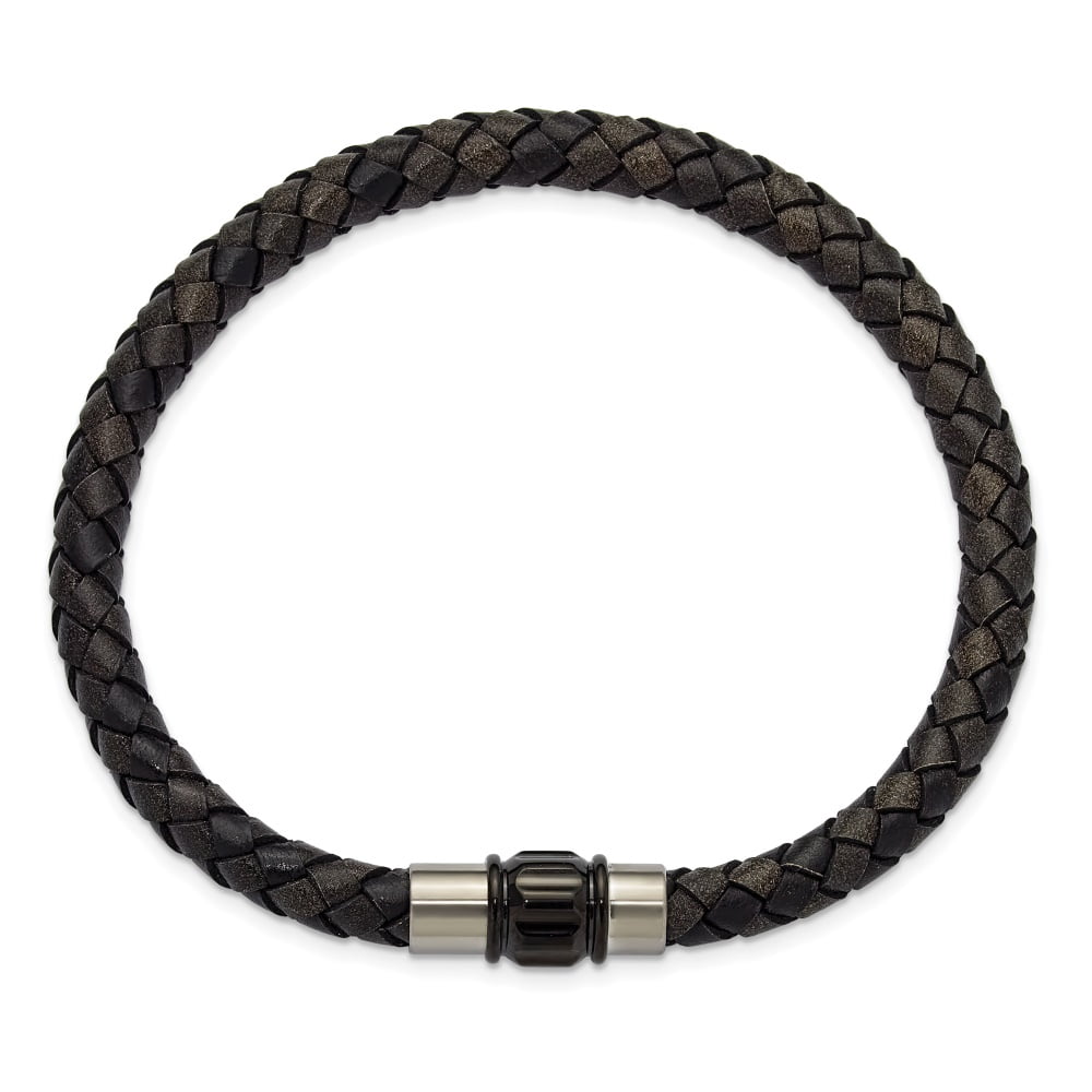 Diamond2Deal Stainless Steel Brushed and Polished Black Woven Leather Bracelet for Men 8.5"