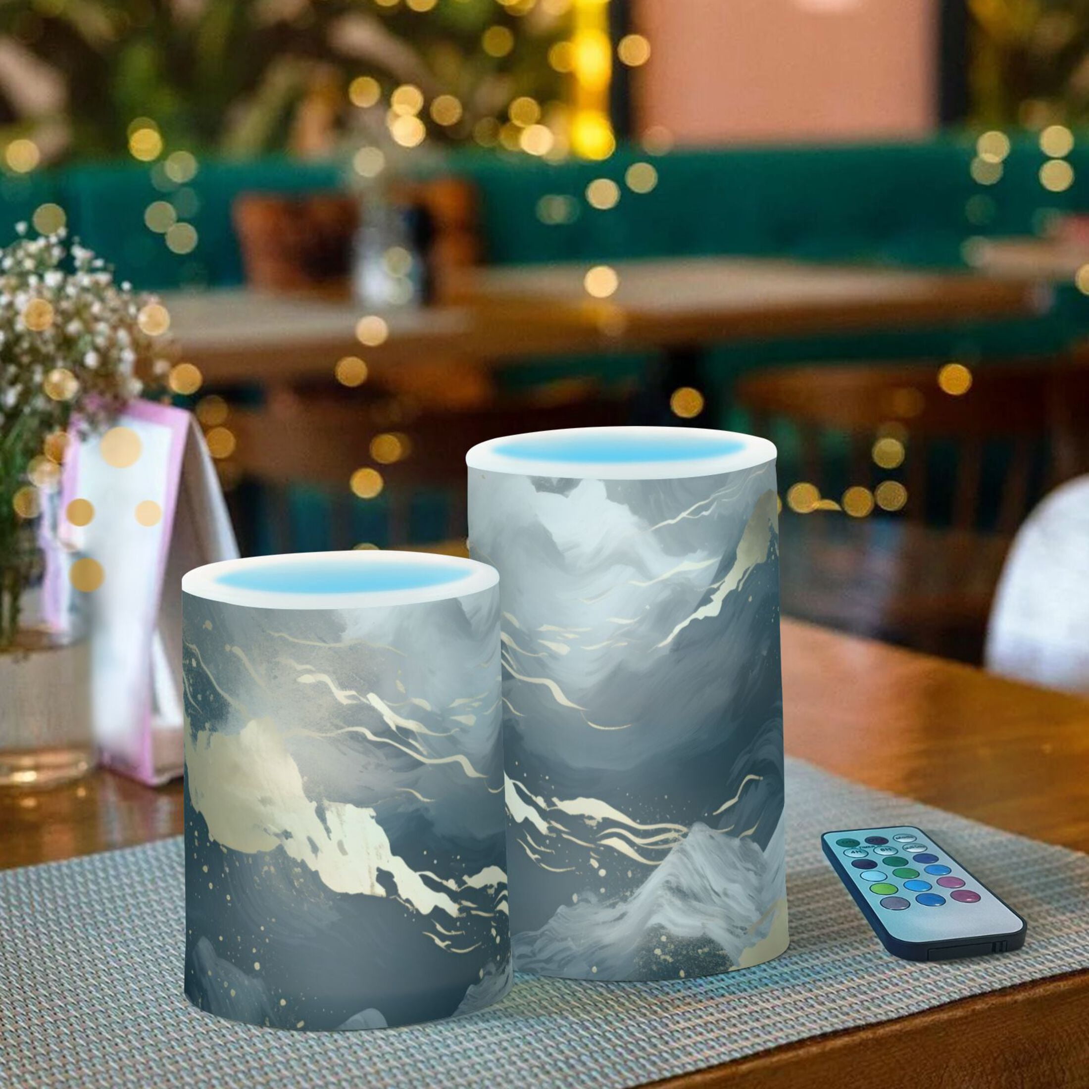 Gold Black White Marble Flickering Flameless LED Candles set of 2 Battery Operated 18-Key Remotes Timer Halloween Fall Decor D3''xH4''5''