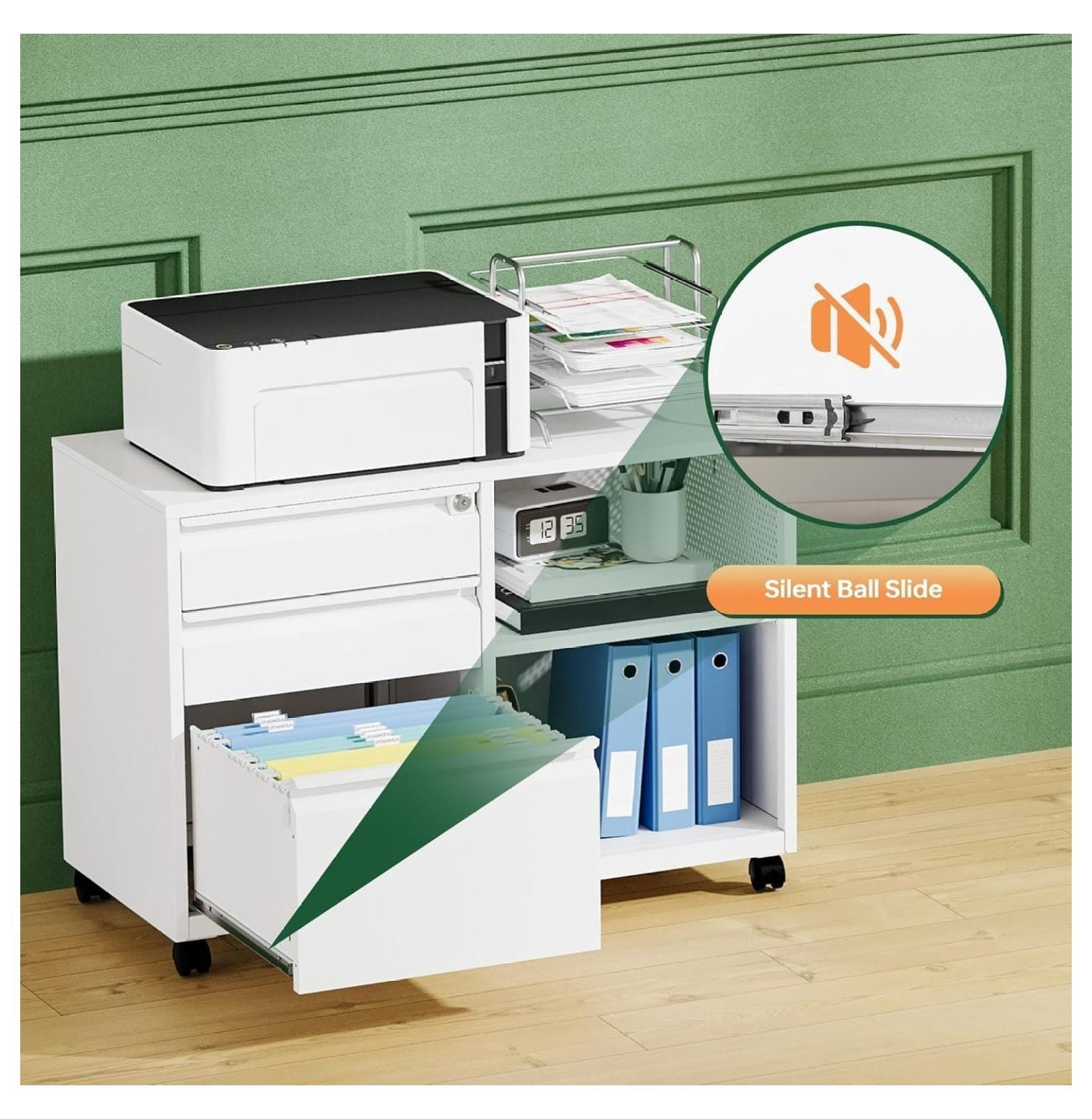 WDZS Mobile 3 Drawer File Cabinet with Lock-Metal Lateral Rolling Printer Stand Filing Cabinets for Home Office-Storage A4/F4/Letter (White)