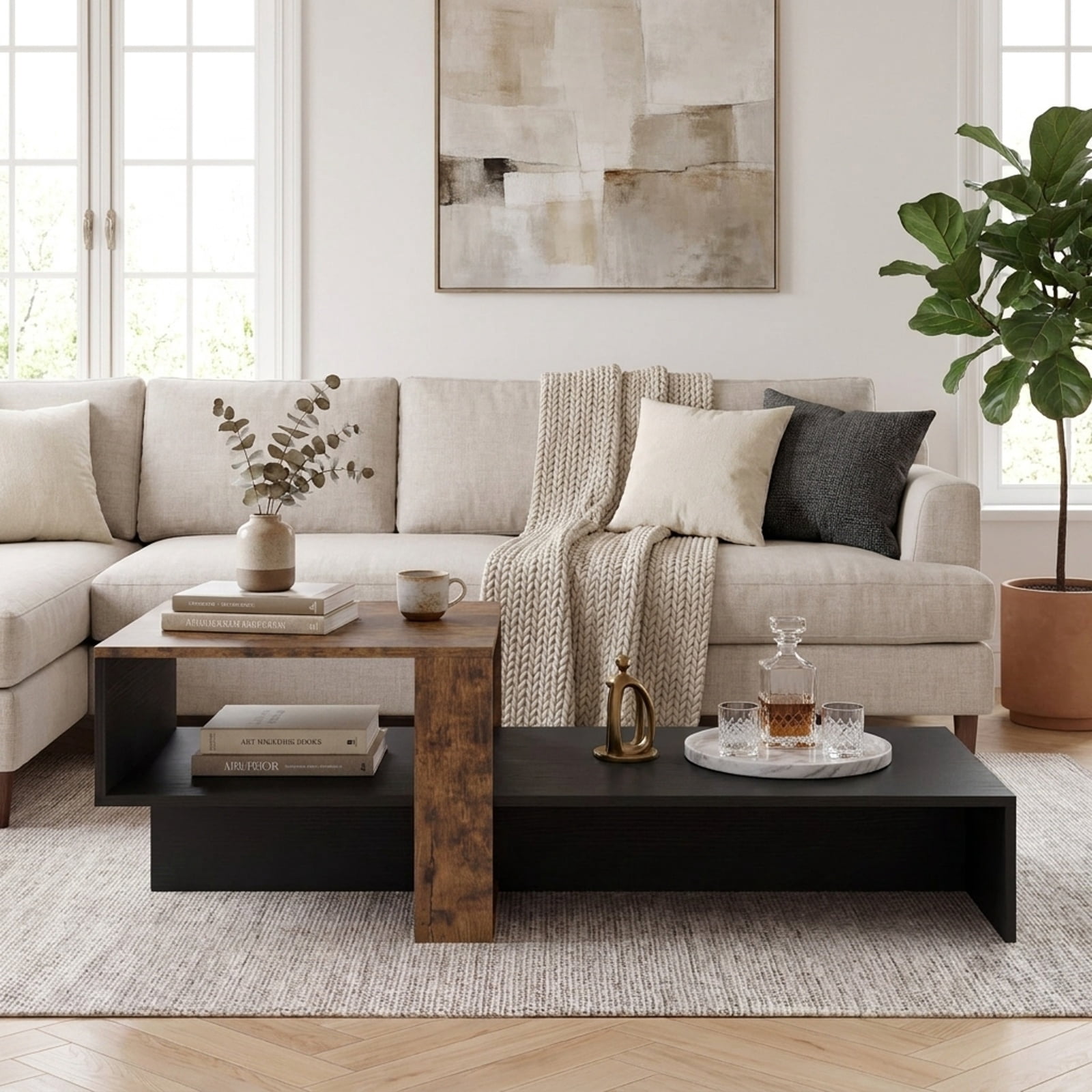 Furnibear 2 Tier Modern Irregular Coffee Table with Open Storage Shelf and Geometric Silhouette for Living Room for Home and Living Space, Black