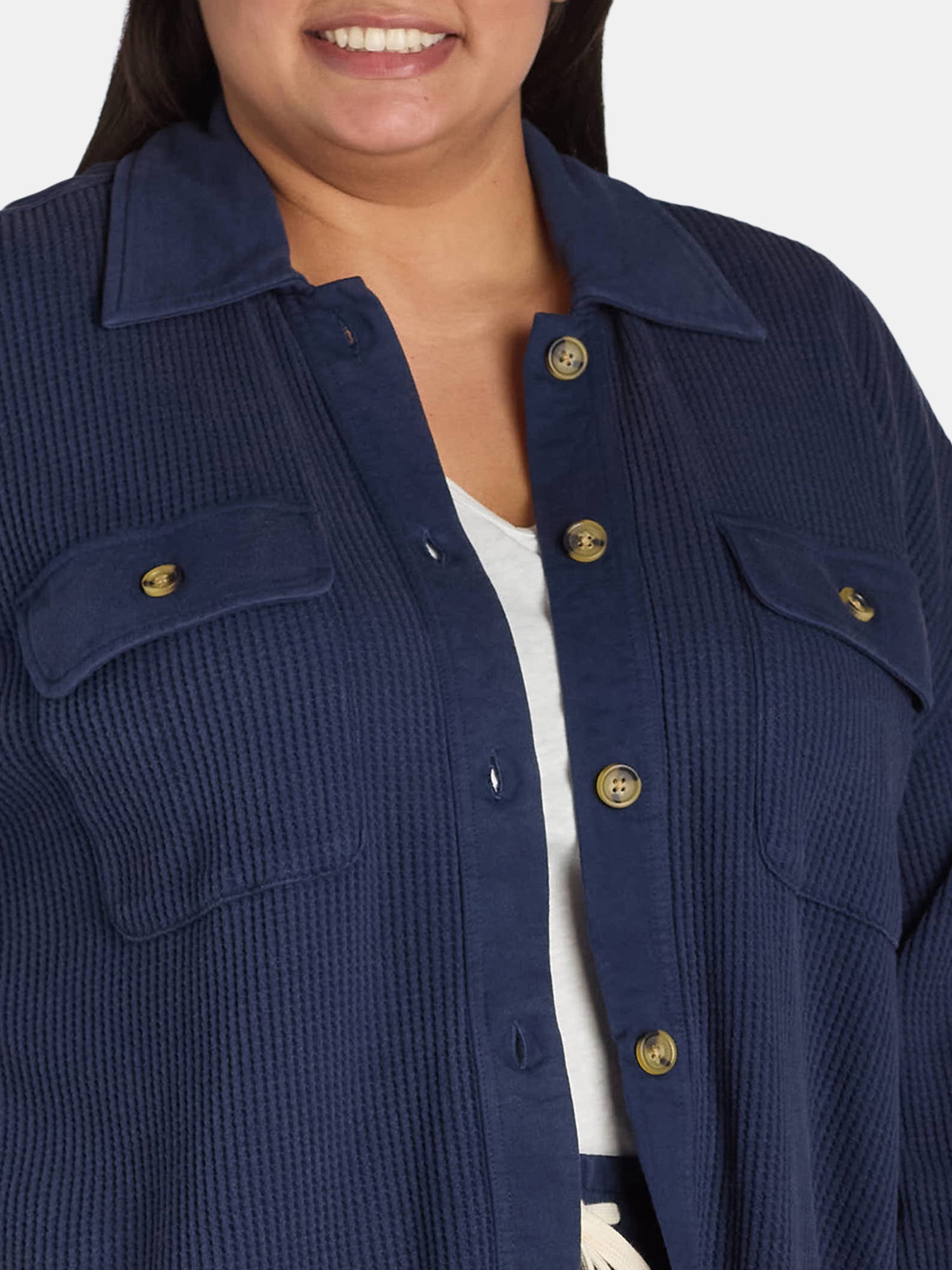 Terra & Sky Women's Plus Size Button Down Waffle Knit Shacket, 0X-4X