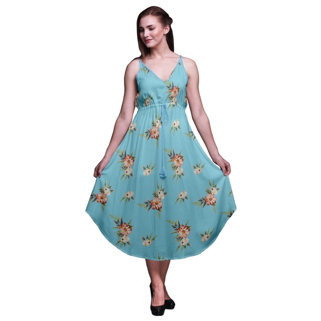 Bimba Robe à Imprimé Floral pour Femmes Bretelles Spaghetti Col en V Midi Tenue de Plage-TP