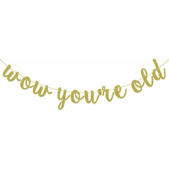 Wow You're Old Banner, 40th 50th Birthday Party Decorations, 60th 70th Sign Backdrop, 80th 90th Supplies (Gold Glitter)