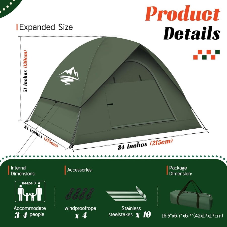 "3-4 Person Dome Tent for Camping with Rainfly | Waterproof & Windproof | Spacious for 2 | Easy Setup | Backpacking Tent for Outdoor Adventure & Backyard Use"