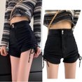 thumbnail image 3 of Pantalones cortos de mezclilla de moda de cintura alta ajustados con cordón lateral para mujer pantalones cortos casuales para primavera verano negro L, 3 of 8