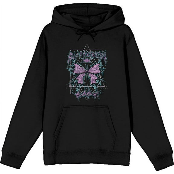 Distressed Black Metal Butterfly Adult Black Long Sleeve Hoodie-Medium