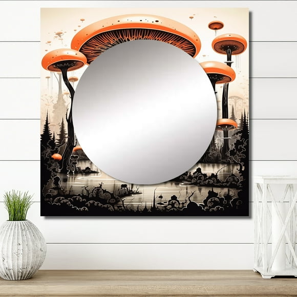 Designart "Cryptic Mystical Mushrooms Vintage Drawing" Abstract Landscape Square Mirror Wall Decor Modern - Large Red Square Bathroom Mirror - Square Printed Wall Mirror Art