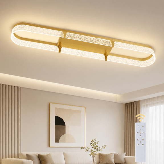 Garwarm 43.31 in. 48W Gold Modern LED Ceiling Light, Dimmable Rectangular Flush Mount Ceiling Light with Remote Control, Black Bubble Light Fixture for Bedroom Kitchen