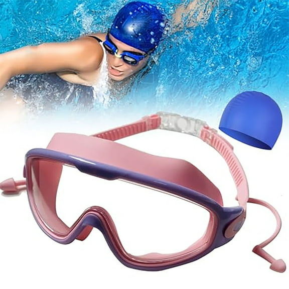 Holloyiver No Leaking Anti Fog Swim Pool Goggles,Favorabler Goggles with Earplugs bathing cap,Hd Children's Large Frame Waterproof and Anti-Fog Swimming Goggles