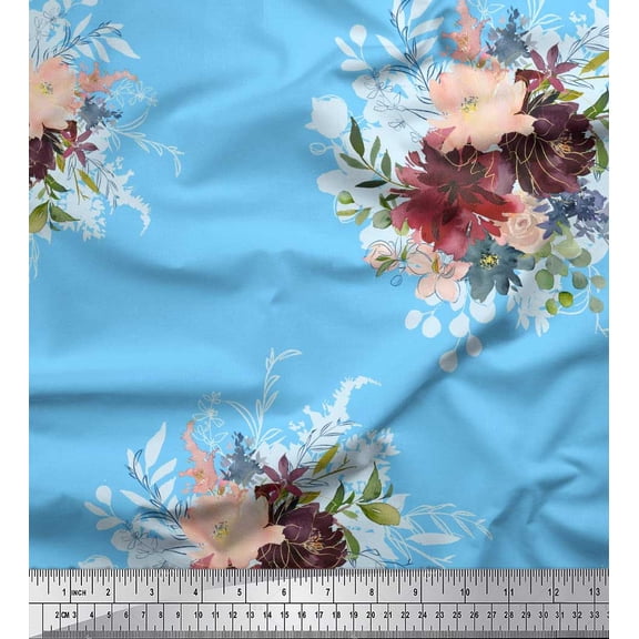 Soimoi Blue Silk Fabric Leaves & Peony Floral Print Print Sewing Fabric By the Yard 44 Inch Wide