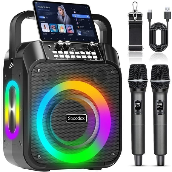 Socodox Karaoke Machine,30W Portable Bluetooth Karaoke Speaker with 2 Wireless Microphones,TWS Stereo,RGB Light for Adults,Kids,Parties,Singing,DJ