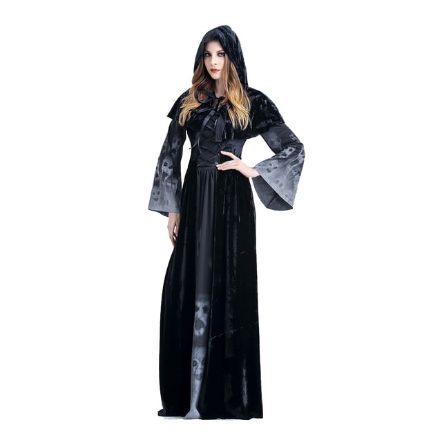 Jumpingount Adulto Calavera Esqueleto Vestido largo con capucha Disfraces de Halloween Cosplay Disfraces de disfraces negro L Jumpingount FS9136-03